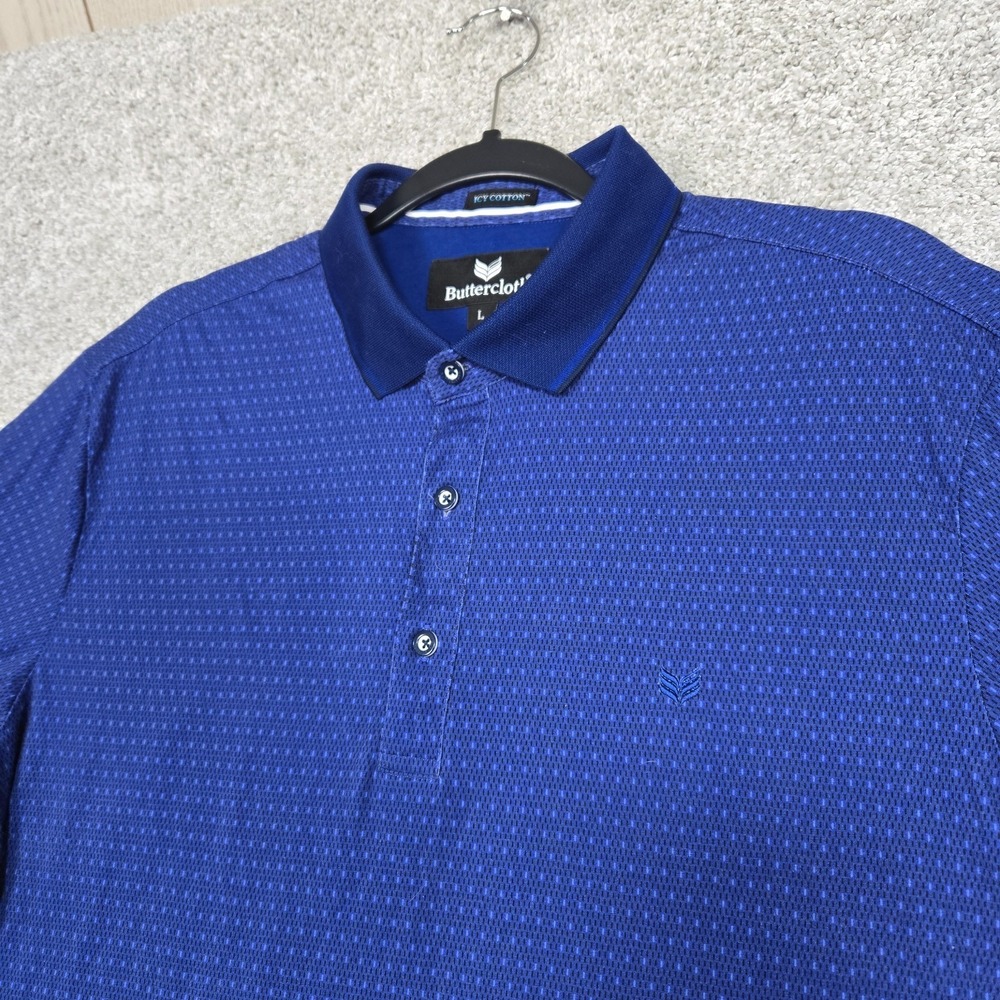 Buttercloth Icy Cotton polo Mens Large Blue‎ Performance Stretch geometric